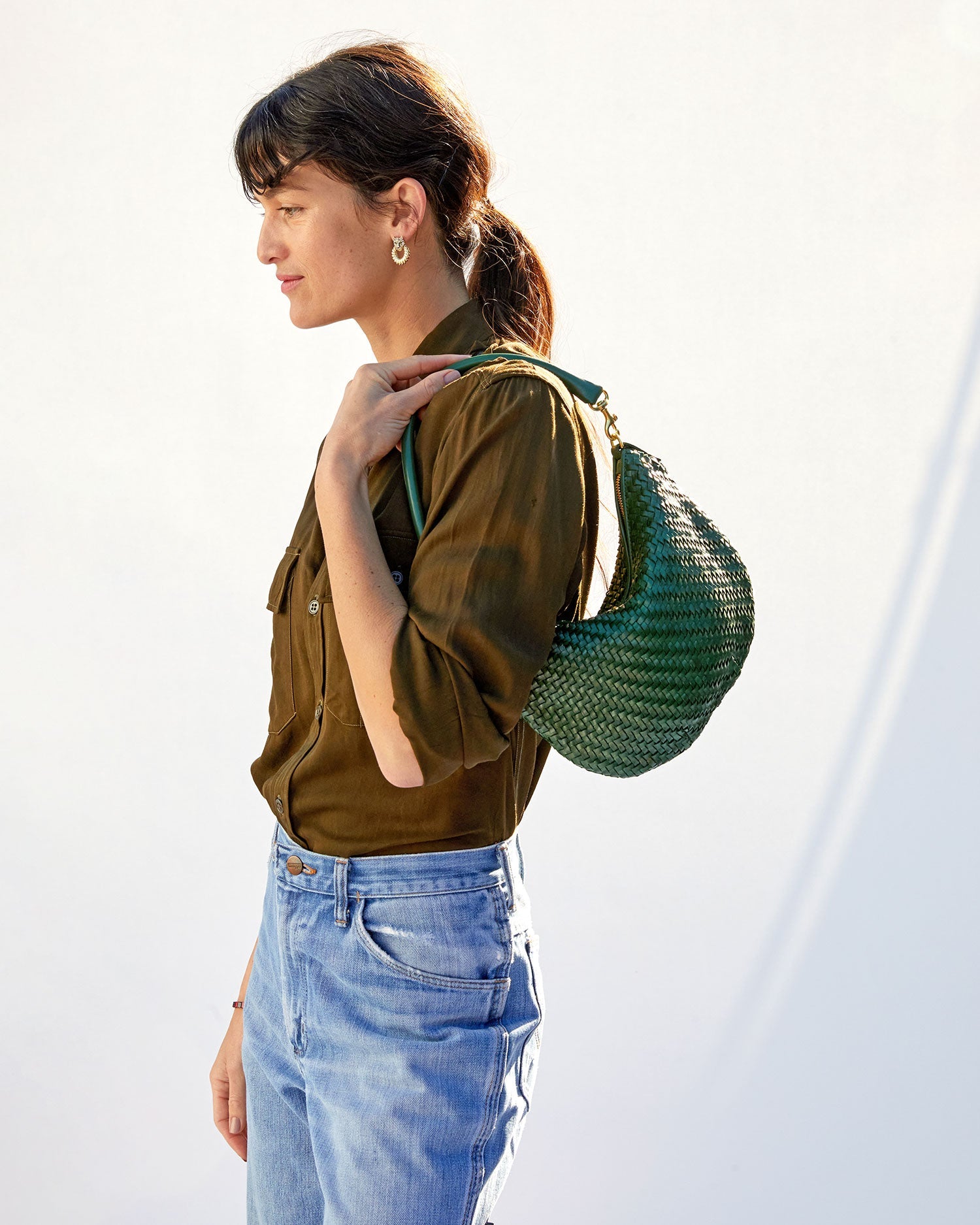 Clare V | Petite Moyen in Evergreen Woven Zig-Zag