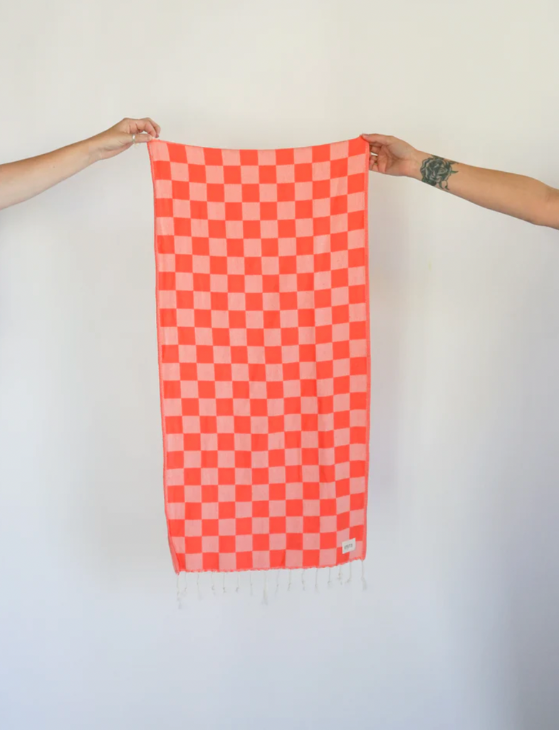 Cream Yellow and Crimson Red Checkerboard Hand & Bath Towel by  ColorfulPatterns
