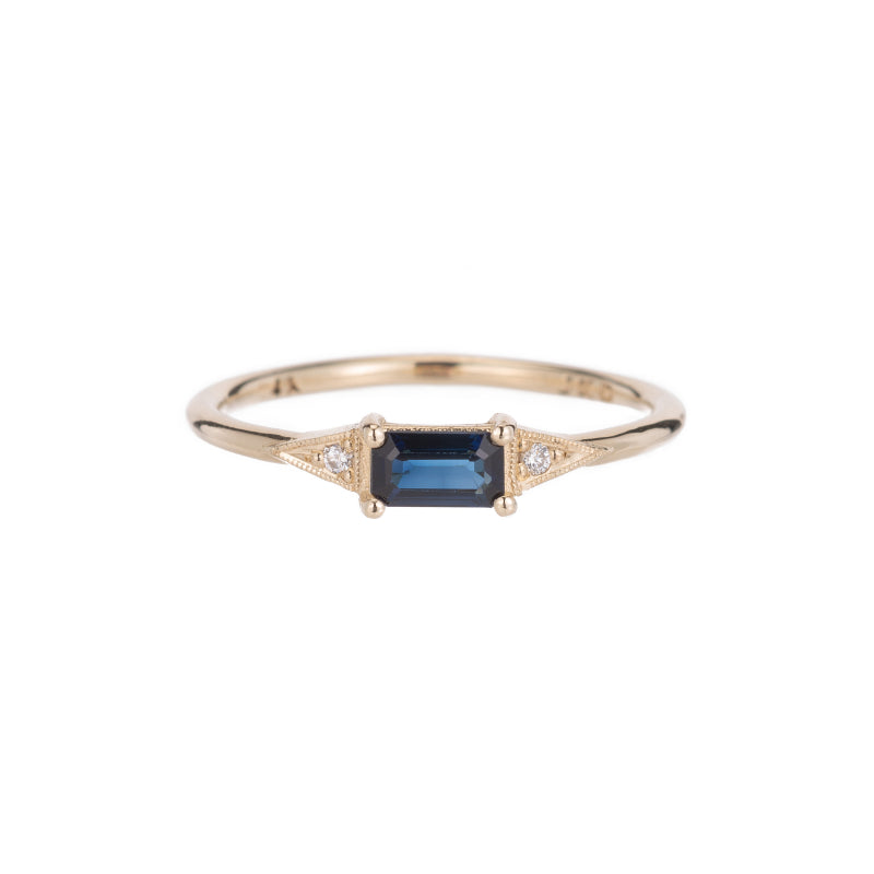 Jennie Kwon | Emerald Cut Blue Sapphire Deco Ring