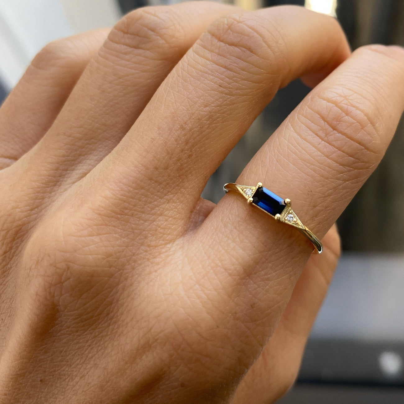 Jennie Kwon | Emerald Cut Blue Sapphire Deco Ring